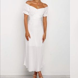 Petal & Pup midi white, off shoulder dress.